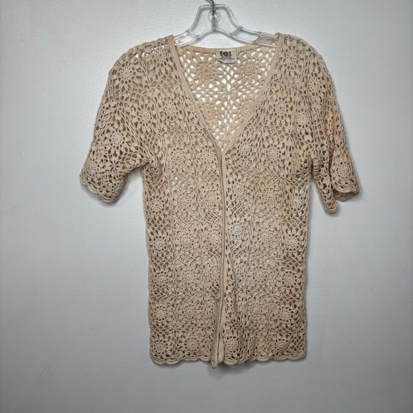 Vintage F.A.I. Crochet Cardigan Women’s L 100% Cotton Open Knit Boho Cream - Picture 11 of 16